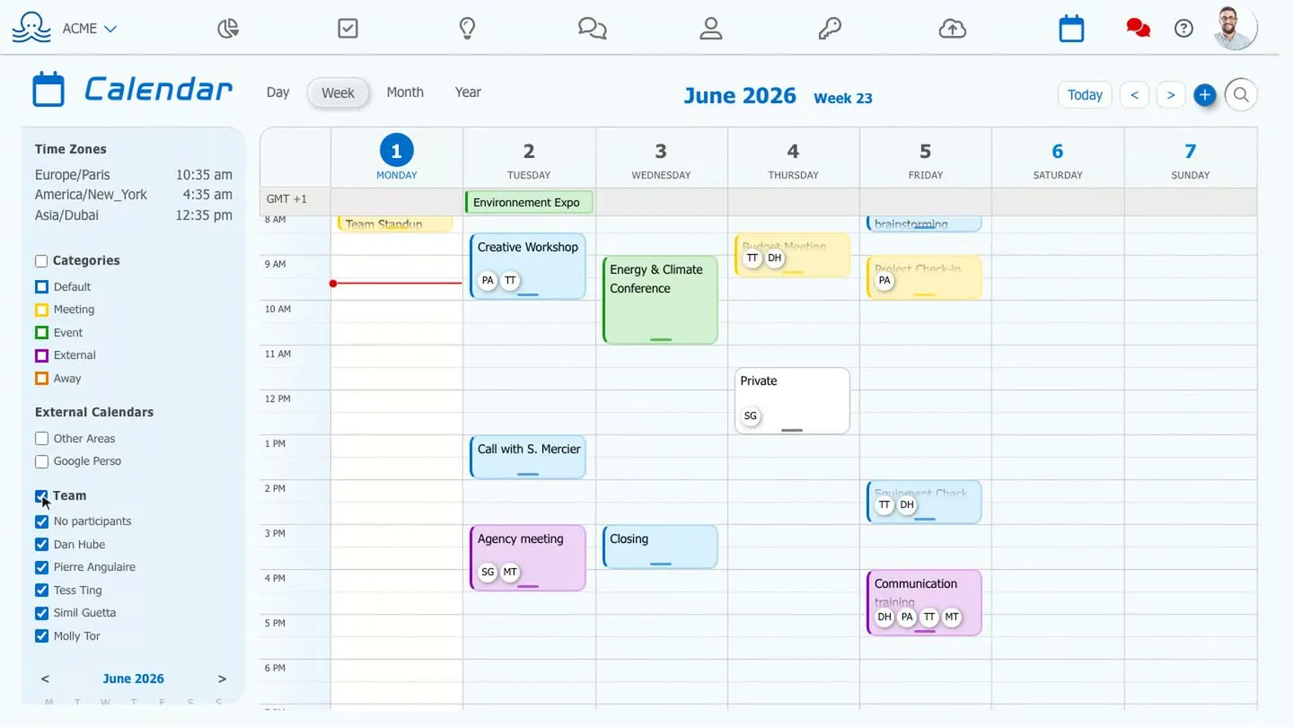Weekly view of Octopussian's collaborative calendar, with colorful events and participants displayed on each time slot