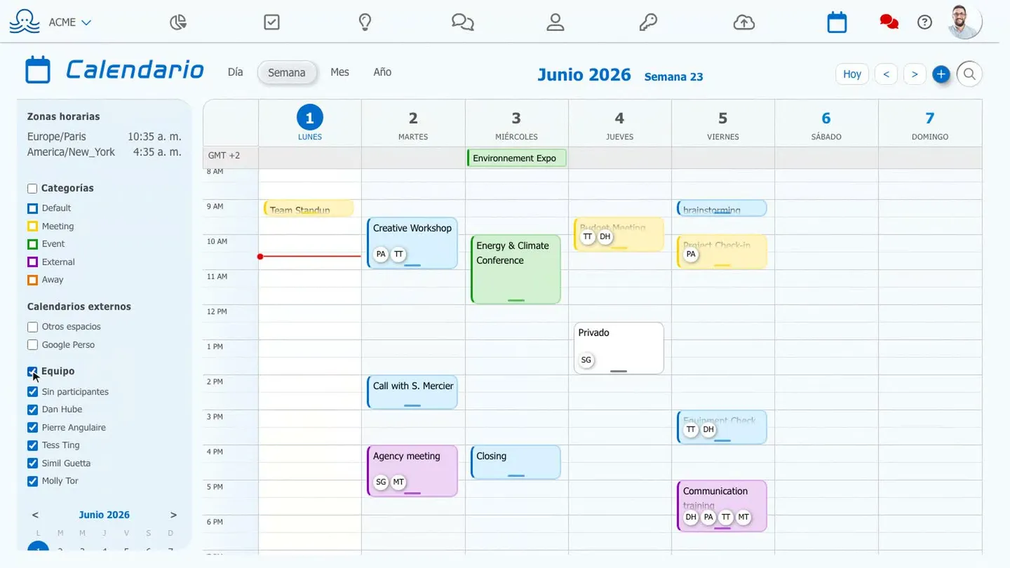 Vista semanal del calendario colaborativo de Octopussian, con eventos de colores y participantes mostrados en cada franja horaria