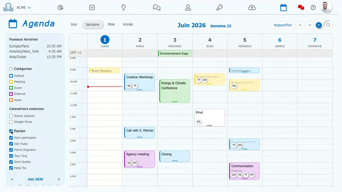 Vue semaine de l'agenda collaboratif Octopussian, avec événements colorés et participants affichés sur chaque créneau