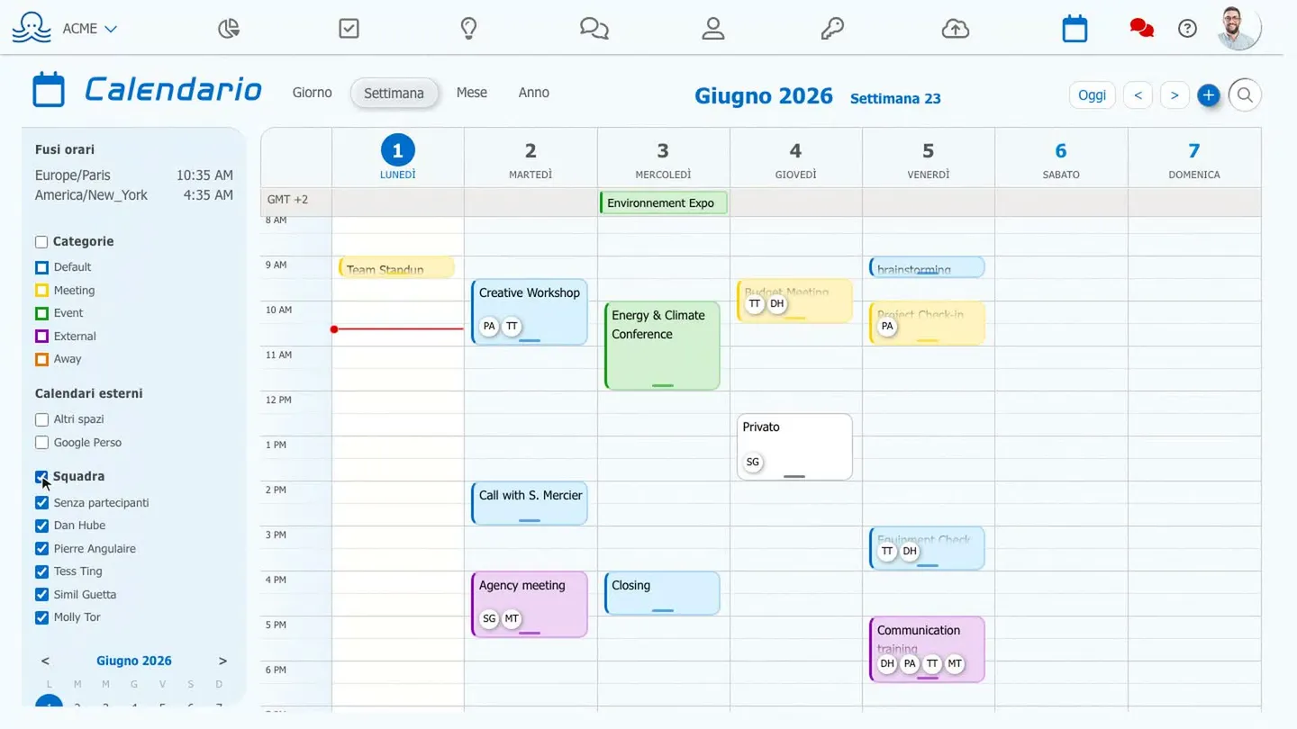 Vista settimanale del calendario collaborativo Octopussian, con eventi colorati e partecipanti visualizzati su ogni fascia oraria