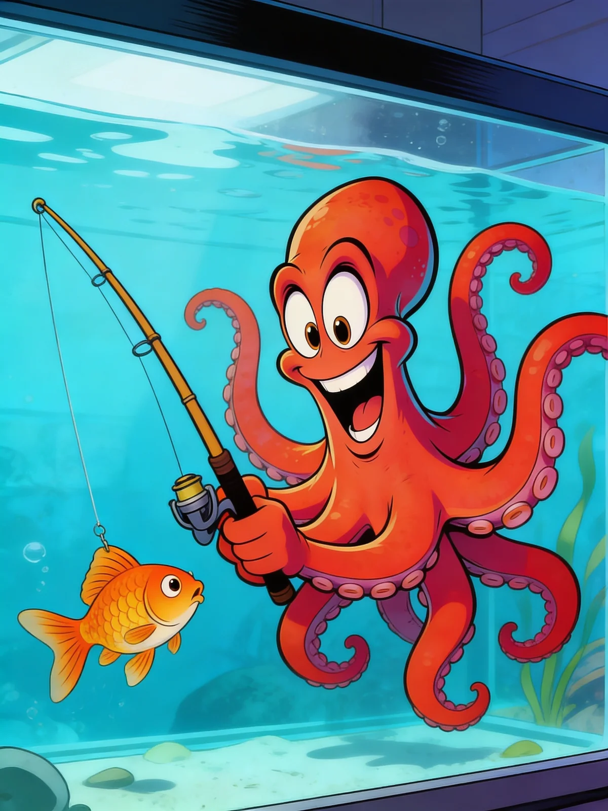 Octo angelt einen Fisch im eigenen Aquarium