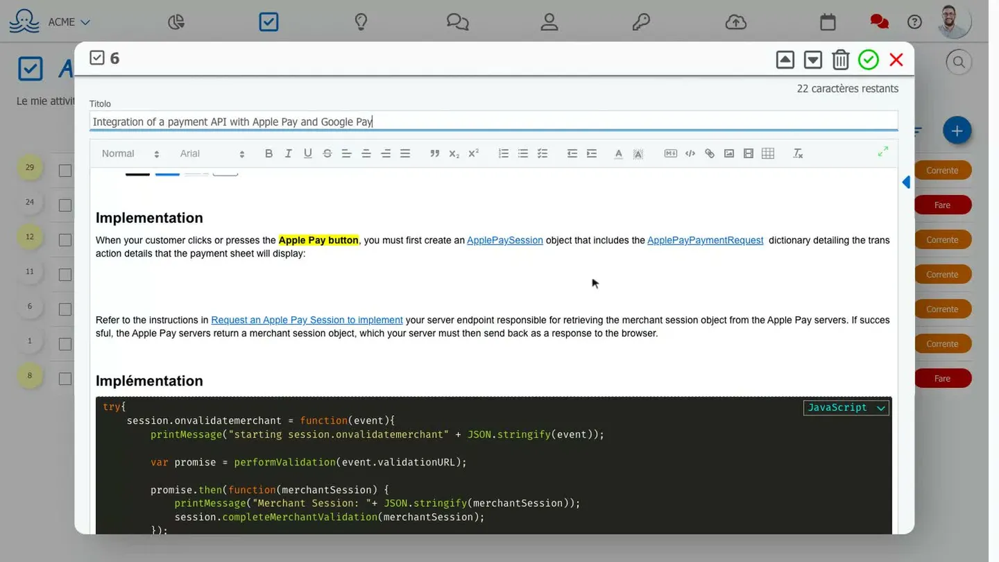 screenshot gestione attività
